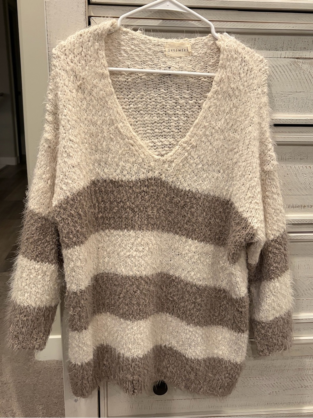 Dreamers Fuzzy Striped Oversized V-Neck Sweater Cream Taupe M/L